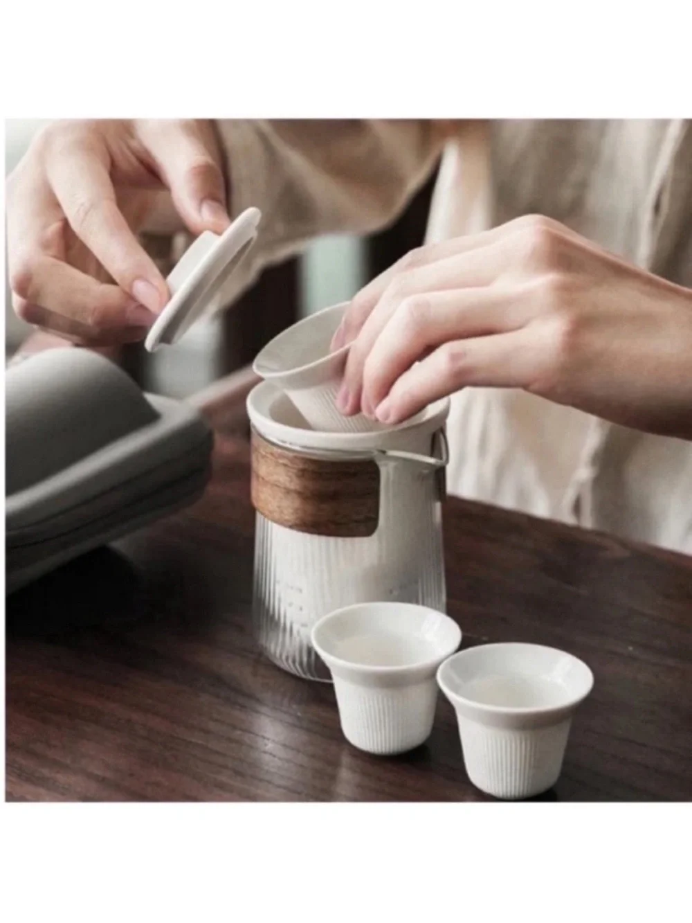Portable White Glass Tea Set with Travel Bag